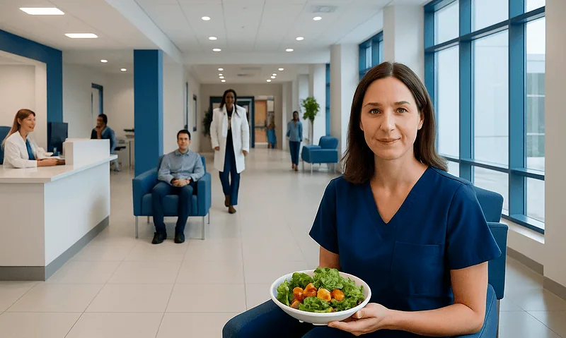 Healthcare professional holding a salad in a modern hospital lobby.