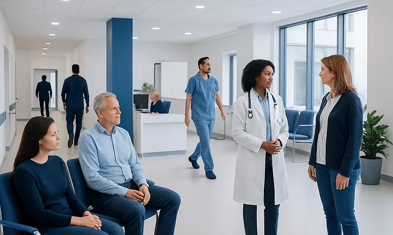Healthcare professionals and patients in a modern hospital waiting area.