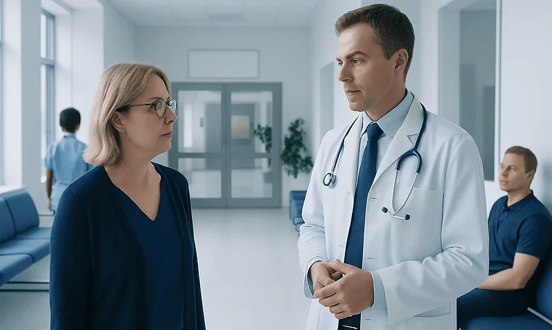 What Is a Dangerous Heart Rate? Fast and Slow Pulse Warning Signs 17 Doctor discussing with a patient in a hospital corridor.