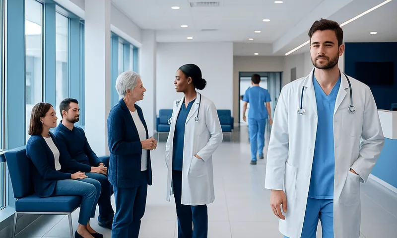 Medical team consulting with patient in hospital corridor.