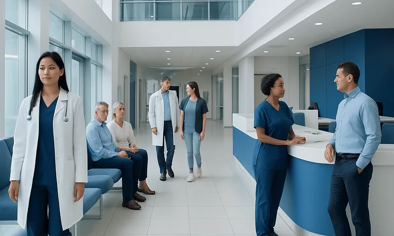 Modern hospital lobby with medical staff and patients in a bright, clean environment.