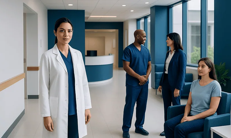 Medical team at a hospital reception area with a patient sitting nearby.