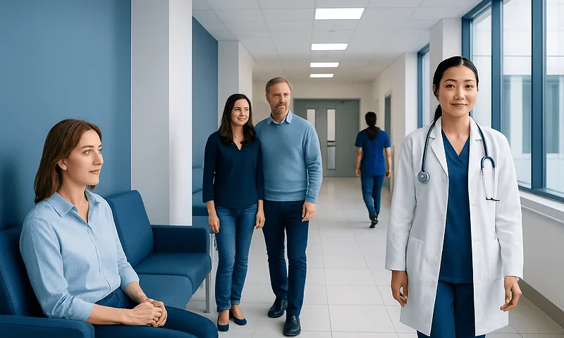 Patients and doctor in a modern hospital corridor at Acibadem Hospitals Group.