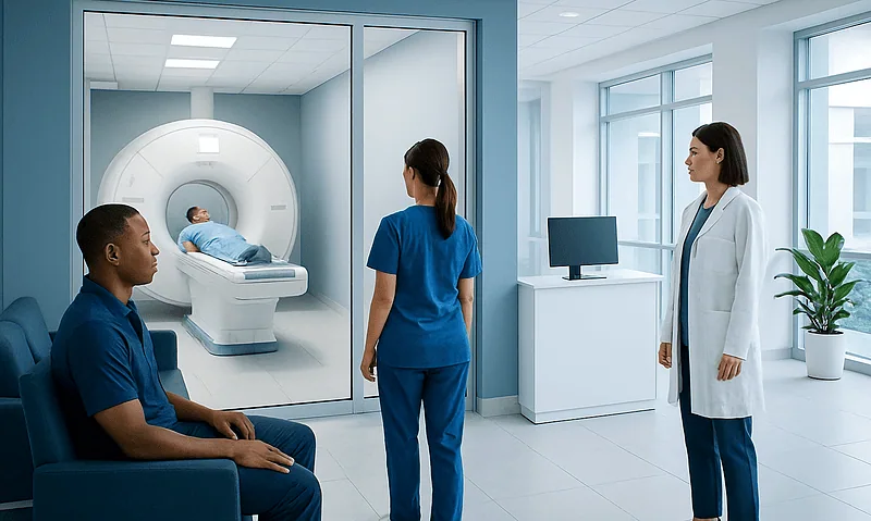Patient undergoing MRI scan at a modern hospital imaging center.