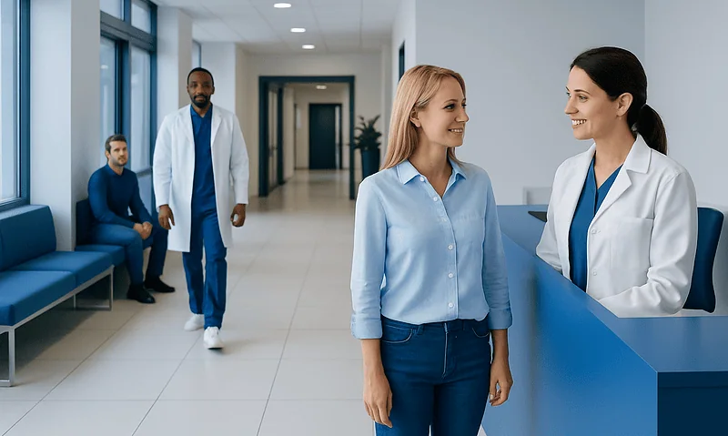Patients and staff at Acibadem Hospitals Group reception area.