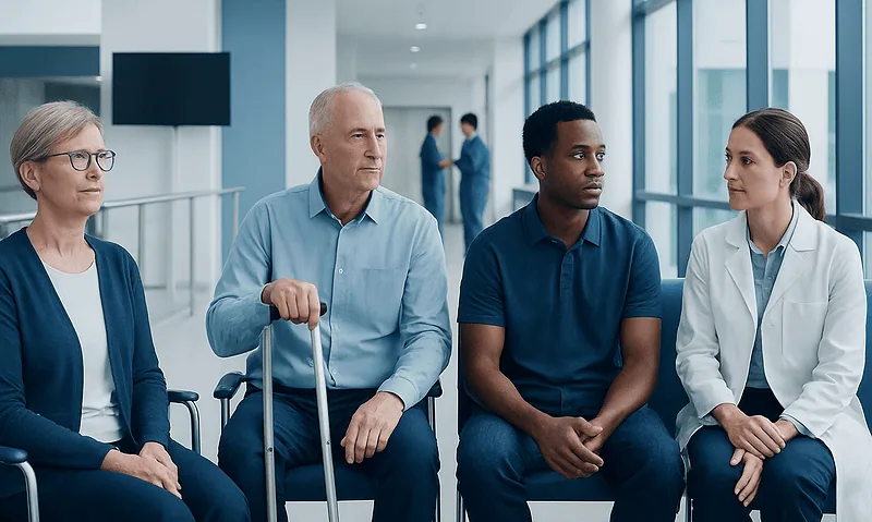 Who Is a Good Candidate for Orthopedic Surgery? 8 Patients waiting in a hospital corridor for orthopedic consultation.