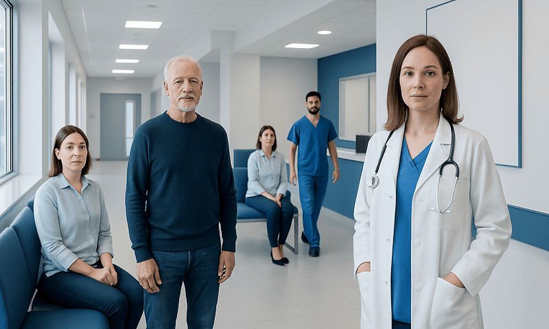 Medical team with patient in a modern hospital corridor.