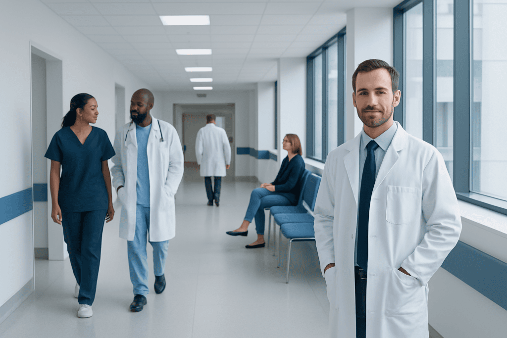 Manual FUE vs NeoGraft: What Is the Difference? 1 Medical professionals walking in a hospital corridor with a doctor smiling at the camera.