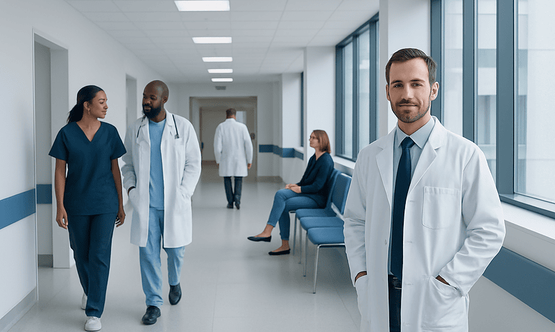 Medical professionals walking in a hospital corridor with a doctor smiling at the camera.