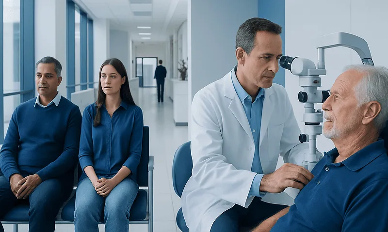Ophthalmologist examining elderly patient's eye in a modern clinic.