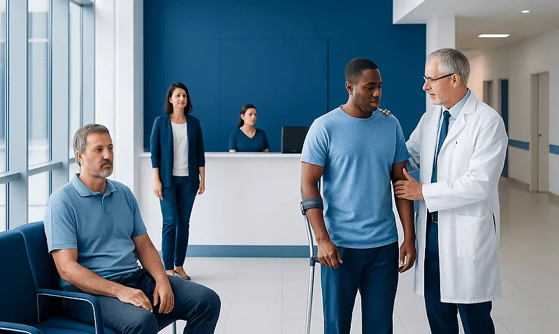 Doctor consulting a patient in a hospital corridor with staff in the background.