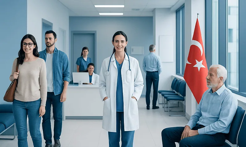 Medical team at Acibadem Hospital with Turkish flag in background.
