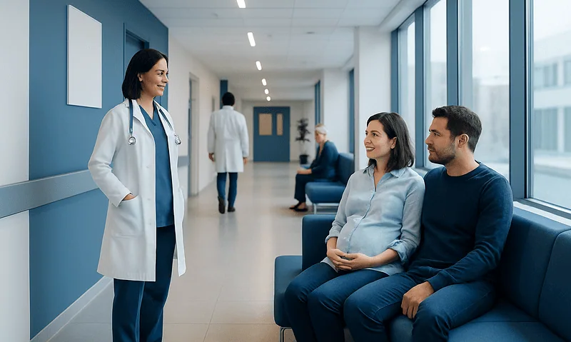 Doctor consulting pregnant woman and partner in hospital corridor.