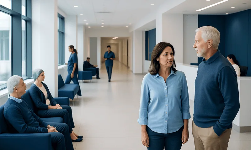 Choosing the Right Cancer Hospital: Safety, Experience, and Support 16 Patients and staff in a modern hospital waiting area at Acibadem Hospitals Group.
