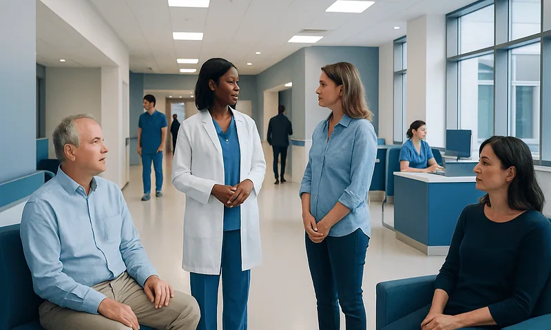 Healthcare professionals consulting with patients in a modern hospital lobby.