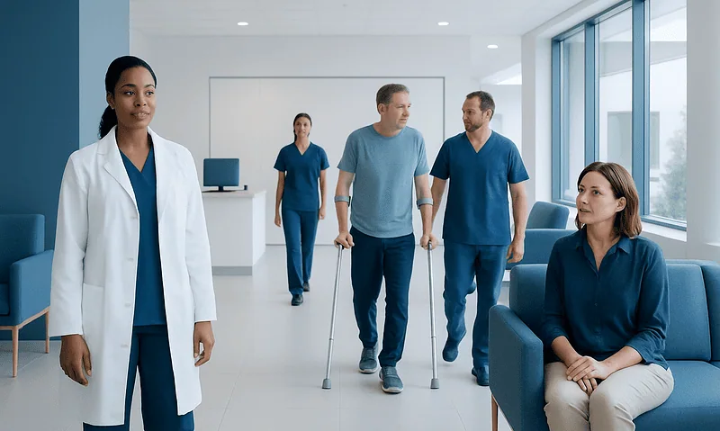 Medical team and patient in a modern hospital corridor.