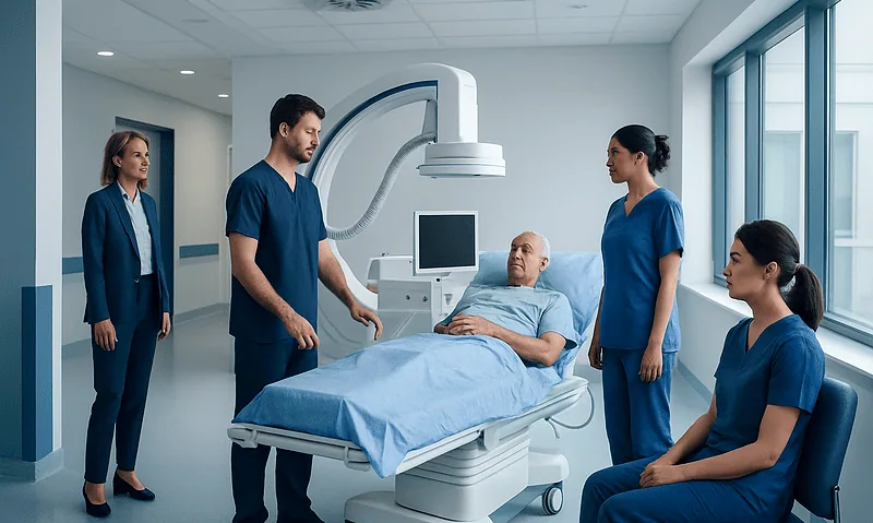 Medical team preparing for a thrombectomy procedure in a hospital room.