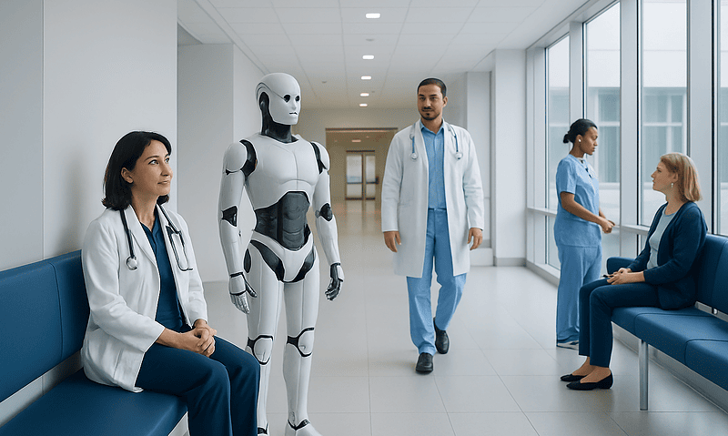 Medical professionals and a humanoid robot in a hospital corridor.