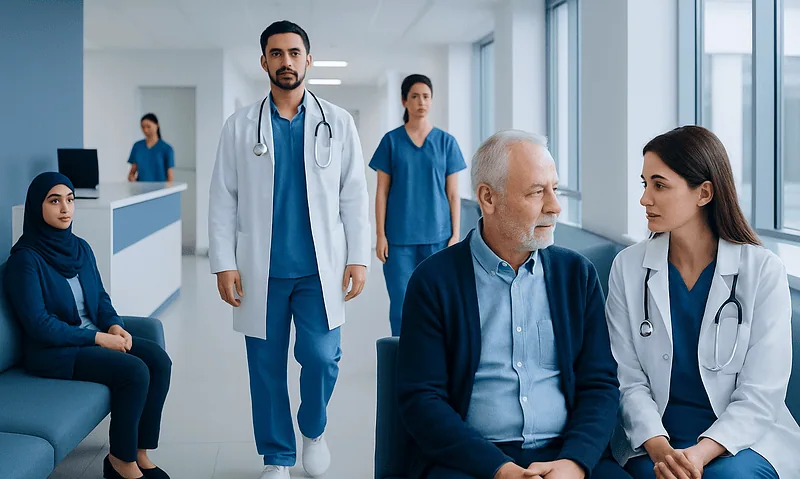 Medical Technology in Turkey: What International Patients Can Expect 4 Medical team consulting with elderly patient in hospital corridor.