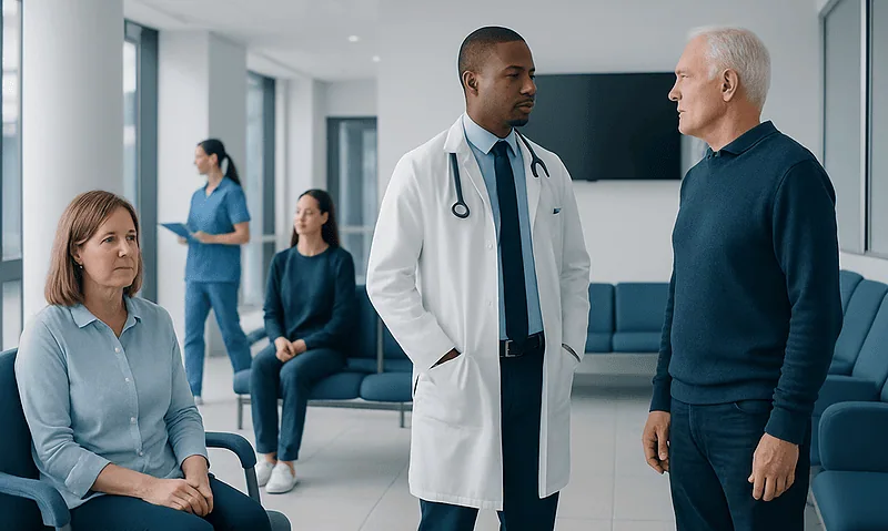 Doctor consulting with elderly patient in hospital waiting area.