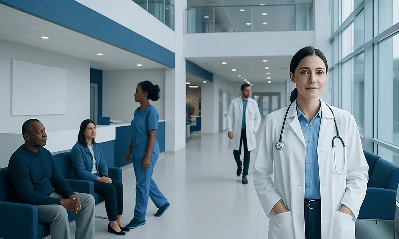Healthcare professionals and patients in a modern hospital lobby.