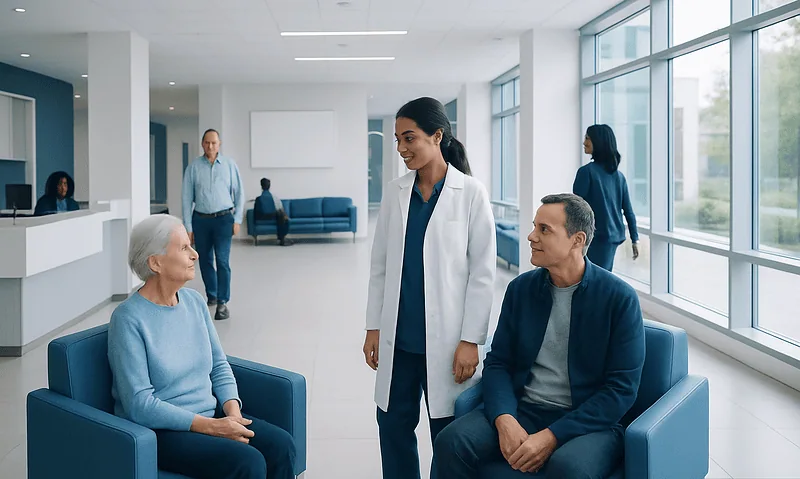 Healthcare professionals consulting elderly patients in a modern hospital lobby.