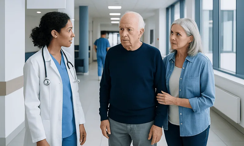 Doctor consulting with elderly couple in hospital corridor.