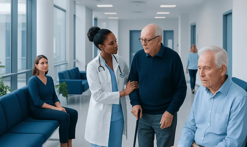 Healthcare professionals assisting elderly patient in hospital corridor.
