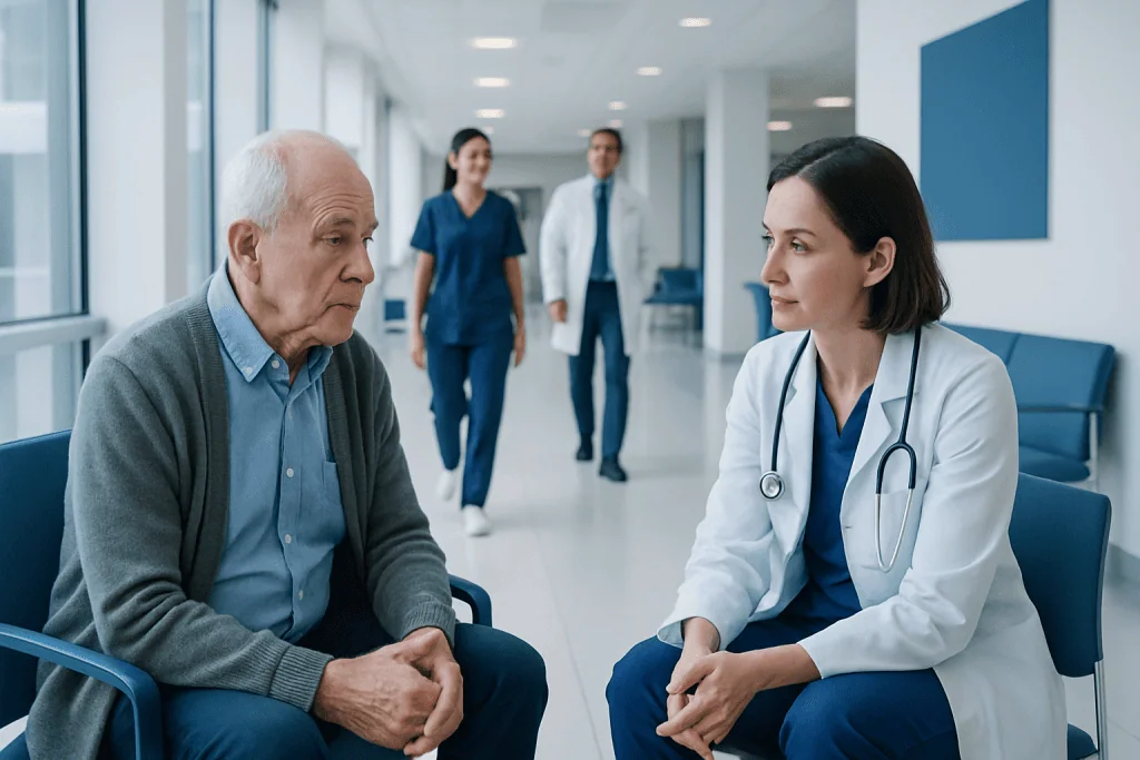 How Memory Testing Works for Dementia and Cognitive Decline 1 Elderly patient consulting with a doctor in a hospital corridor.