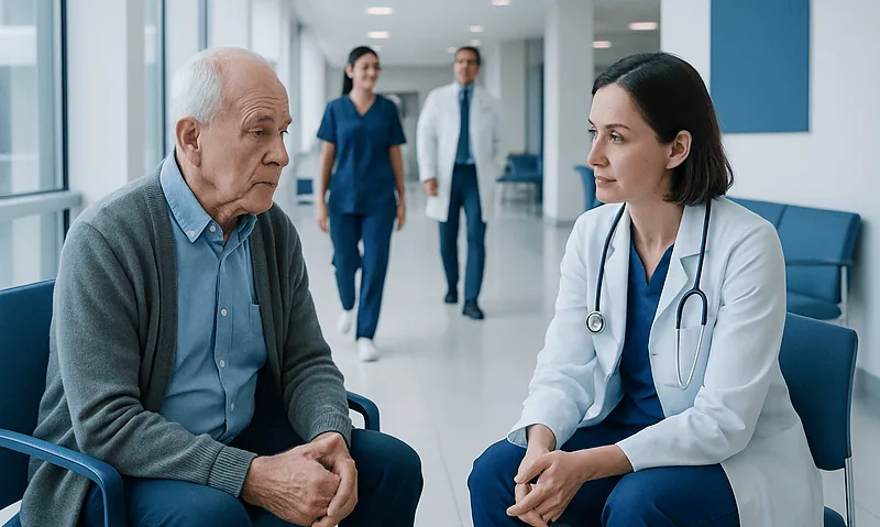 Elderly patient consulting with a doctor in a hospital corridor.