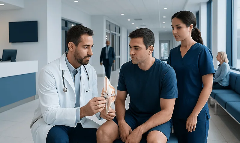 Doctor explaining knee anatomy to patient in hospital setting.