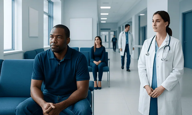 Man waiting in a hospital corridor with healthcare professionals nearby.
