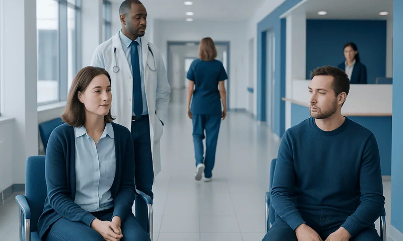 Patients waiting in a hospital corridor with medical staff nearby.