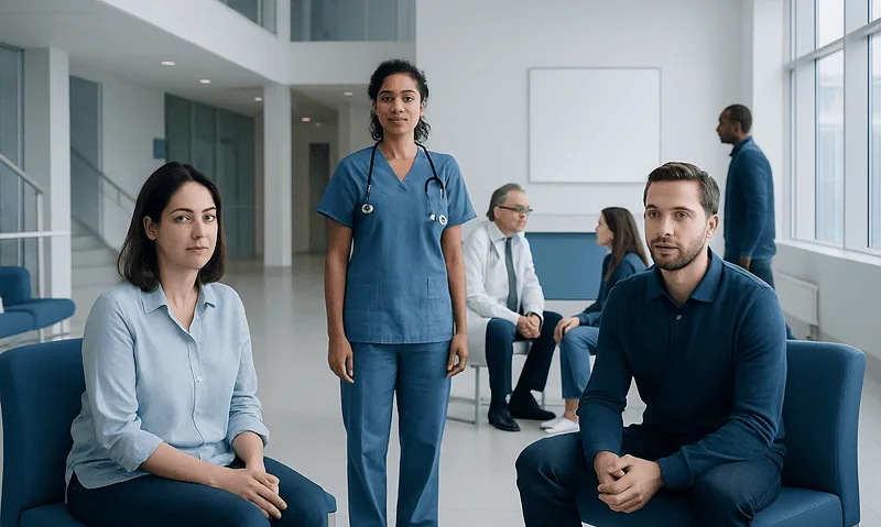 Medical team in hospital waiting area with healthcare professionals and patients.