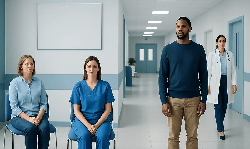 Patients waiting in a hospital corridor with medical staff nearby.