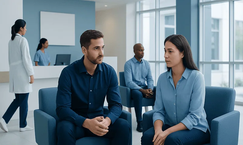 Therapists conducting a mental health counseling session in a modern clinic.