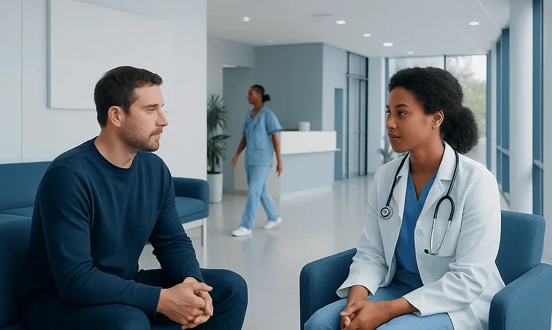 Doctor consulting with patient in hospital waiting area.