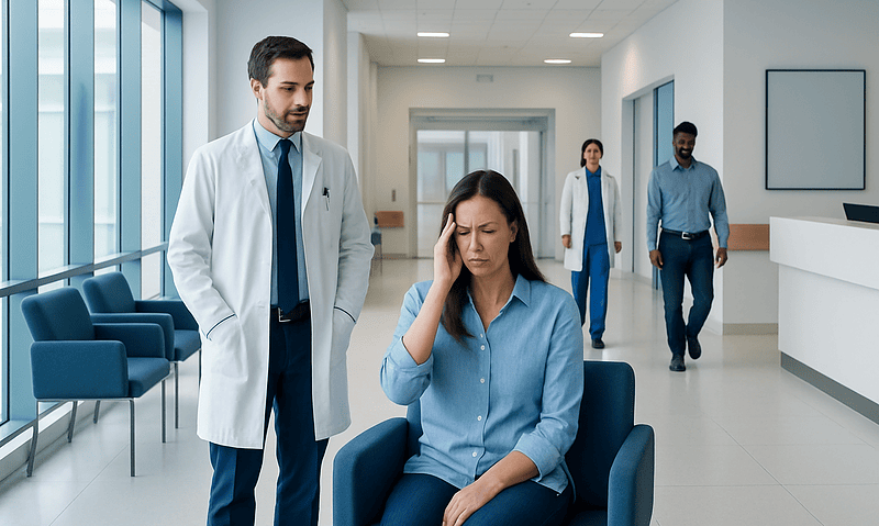Patient experiencing headache in hospital corridor with medical staff nearby.