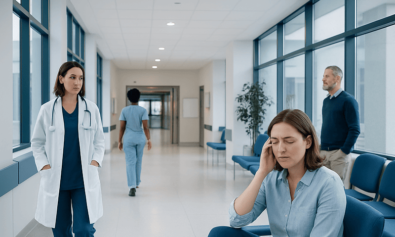 Patient experiencing headache in hospital corridor with medical staff nearby.