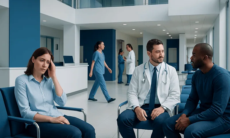 Patients waiting and consulting with doctors in a modern hospital lobby.