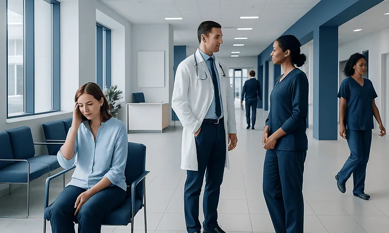 Medical consultation in a modern hospital corridor with healthcare professionals and a patient.