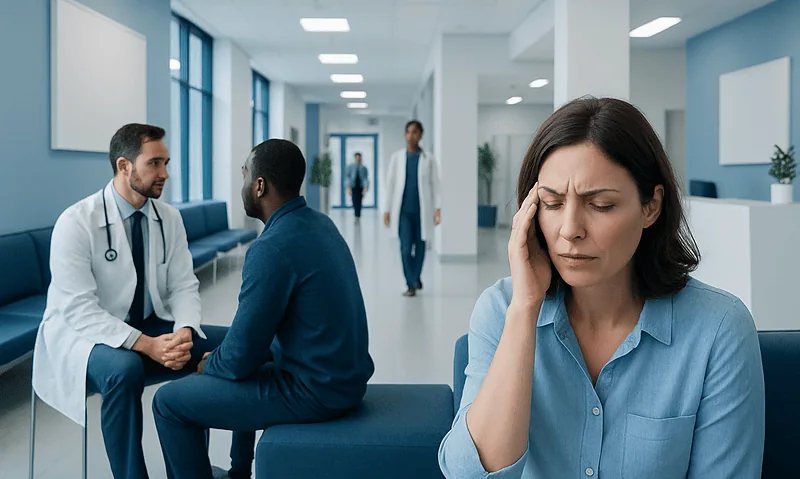 Woman with headache in a hospital waiting area during a medical consultation.