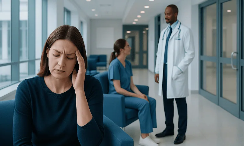 Woman with headache in hospital waiting area with medical staff nearby.