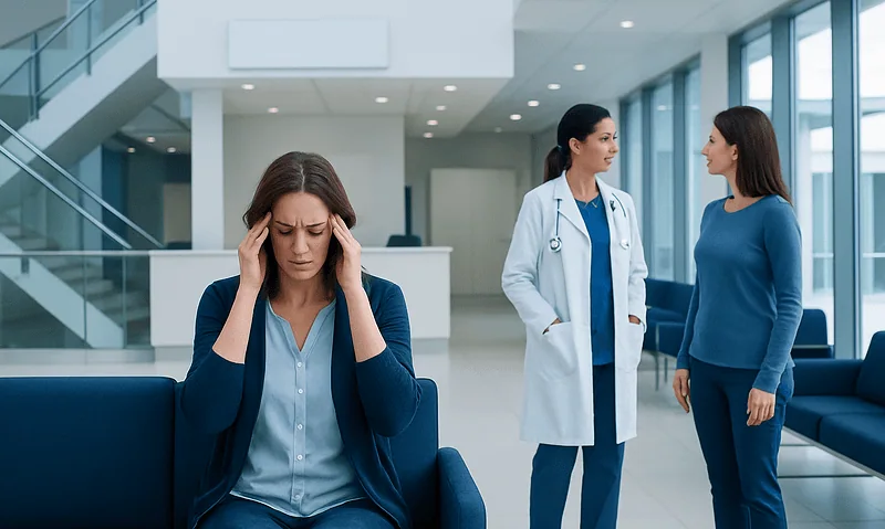 Woman with headache consulting healthcare professionals in hospital.