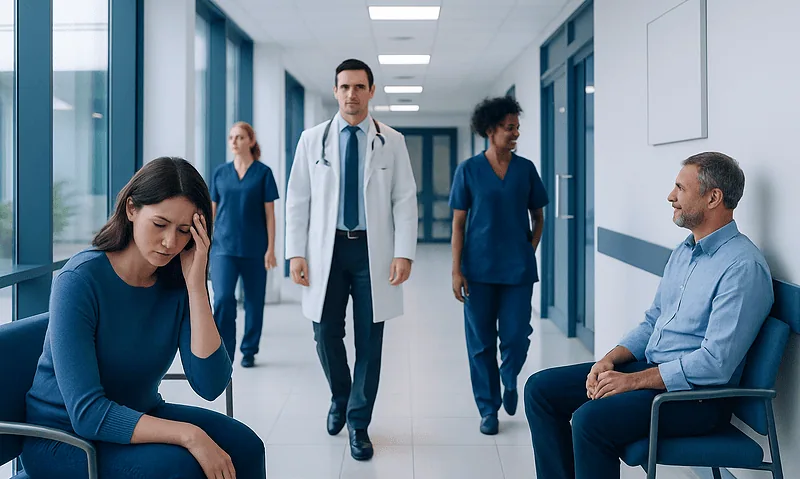 Patient experiencing headache in hospital corridor with medical staff nearby.