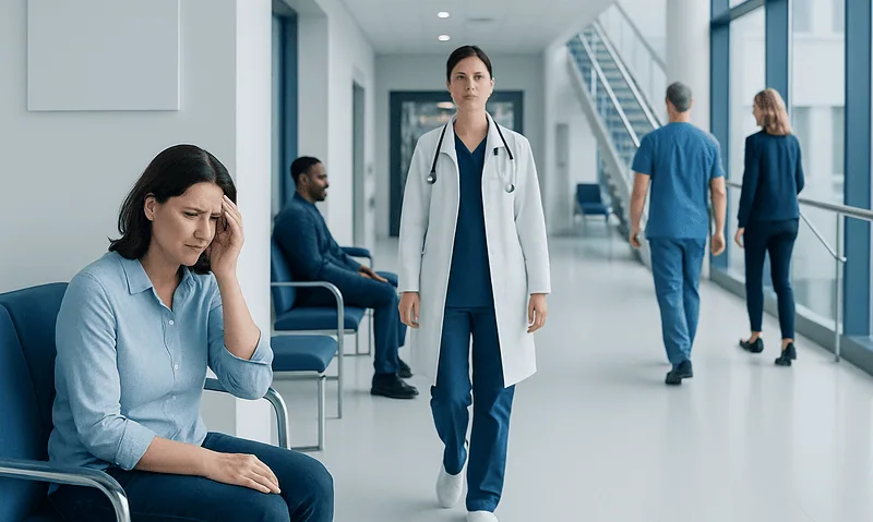 Patient with headache in hospital corridor, healthcare professionals nearby.