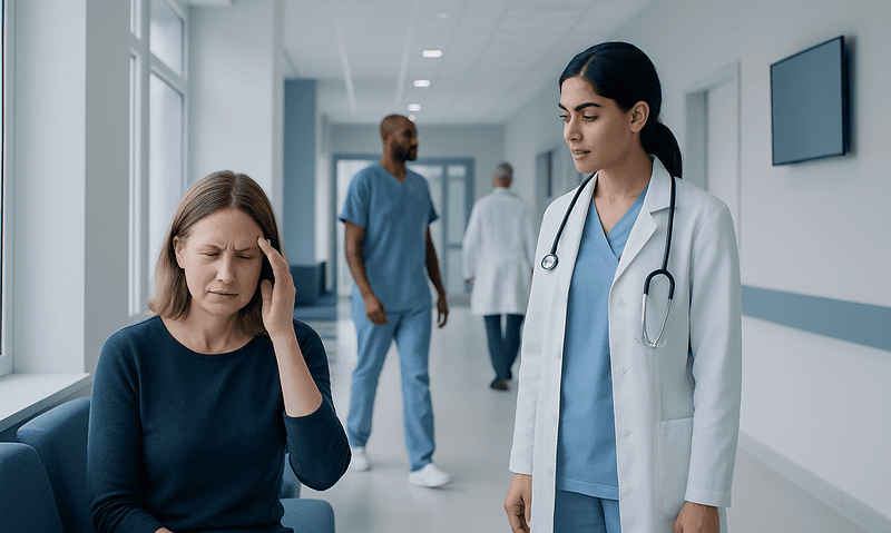 Patient experiencing headache in hospital corridor with medical staff nearby.