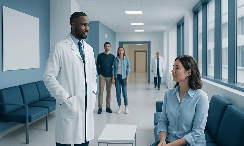 Doctor consulting a patient in a modern hospital corridor.