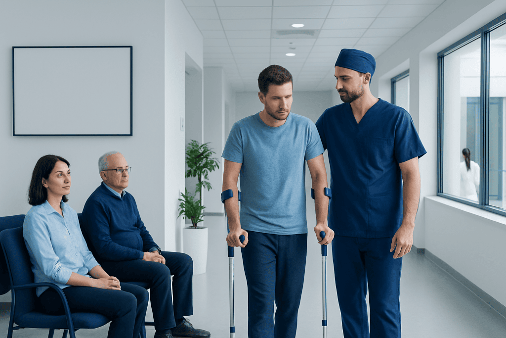 Minimally Invasive Orthopedic Surgery: When Is It an Option? 1 Patient receiving assistance from a healthcare professional in a hospital corridor.