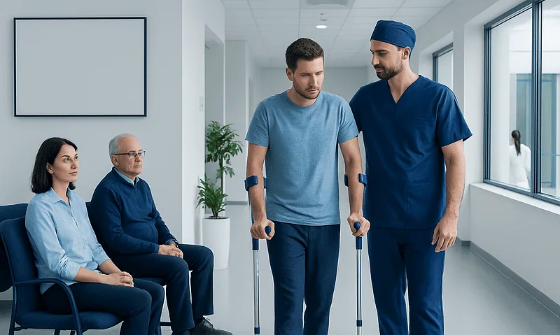 Patient receiving assistance from a healthcare professional in a hospital corridor.